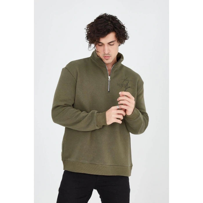 Yarım Fermuarlı Baskılı Sweat - Yeşil -