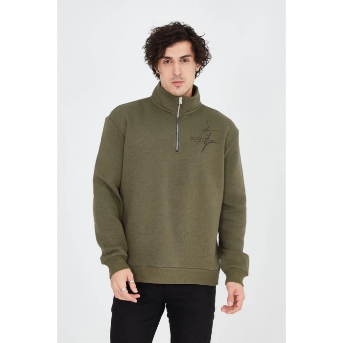 Yarım Fermuarlı Baskılı Sweat - Yeşil -