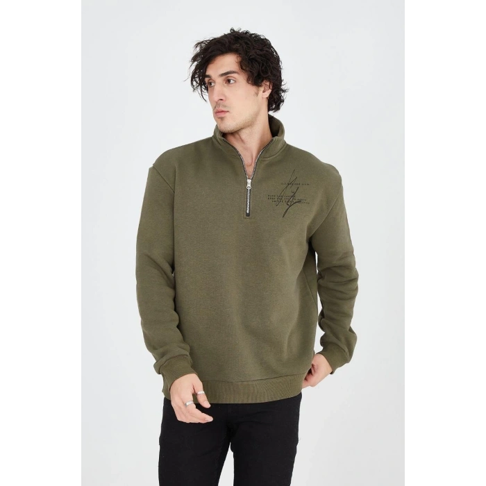 Yarım Fermuarlı Baskılı Sweat - Yeşil -