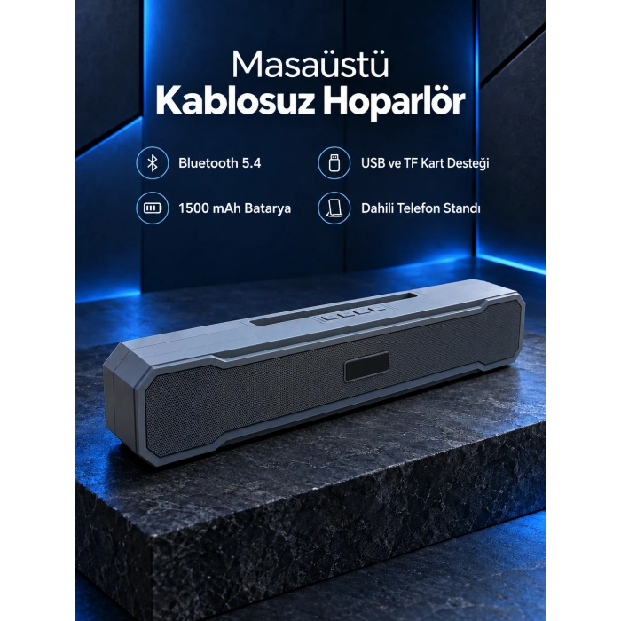 Yatay Formlu Telefon Standlı Type C Şarj Girişli Bluetooth Masaüstü Ses Sistemi