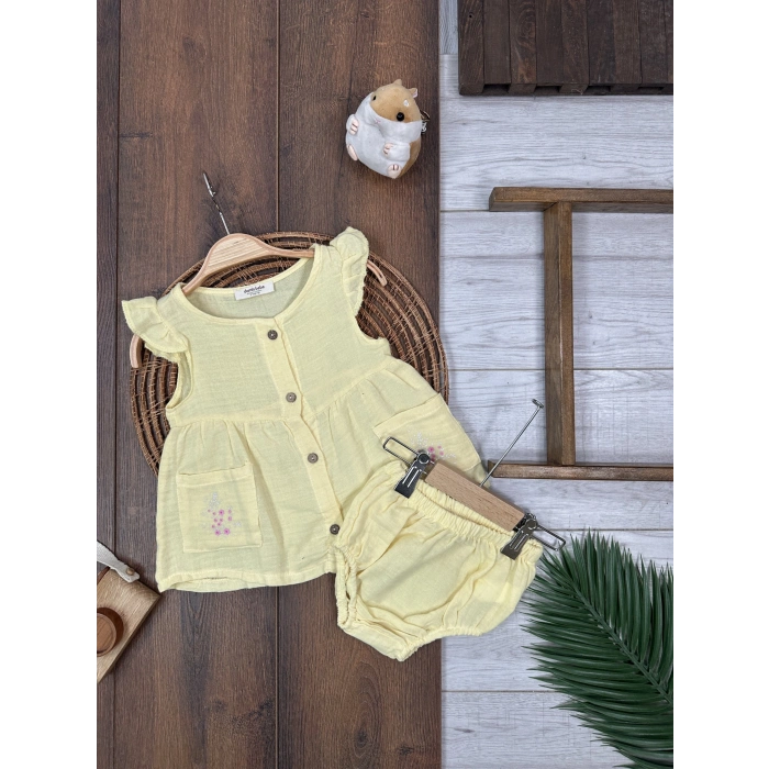 Yazlık Pamuklu Çiçek Nakışlı Kız Bebek 2li Takım