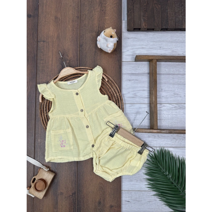 Yazlık Pamuklu Çiçek Nakışlı Kız Bebek 2li Takım