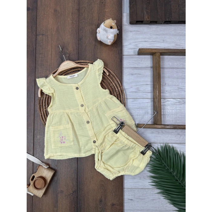 Yazlık Pamuklu Çiçek Nakışlı Kız Bebek 2li Takım