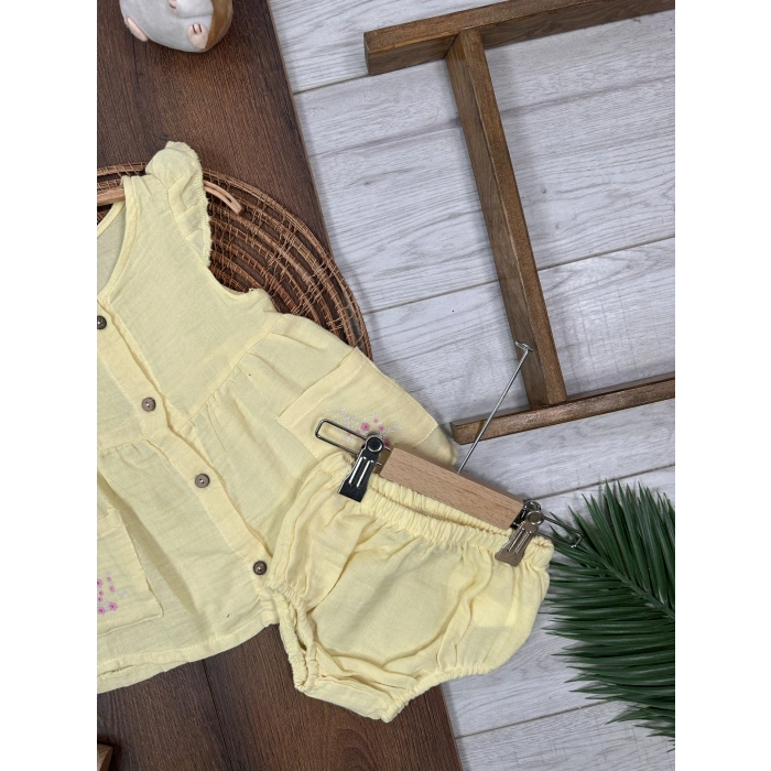 Yazlık Pamuklu Çiçek Nakışlı Kız Bebek 2li Takım