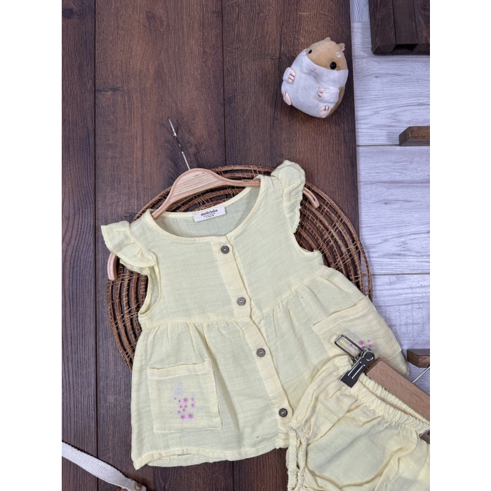 Yazlık Pamuklu Çiçek Nakışlı Kız Bebek 2li Takım