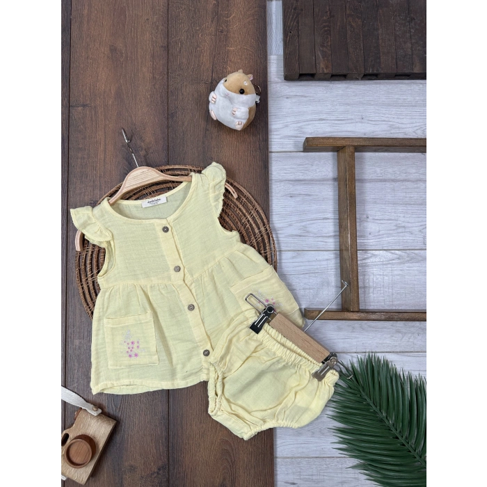 Yazlık Pamuklu Çiçek Nakışlı Kız Bebek 2li Takım