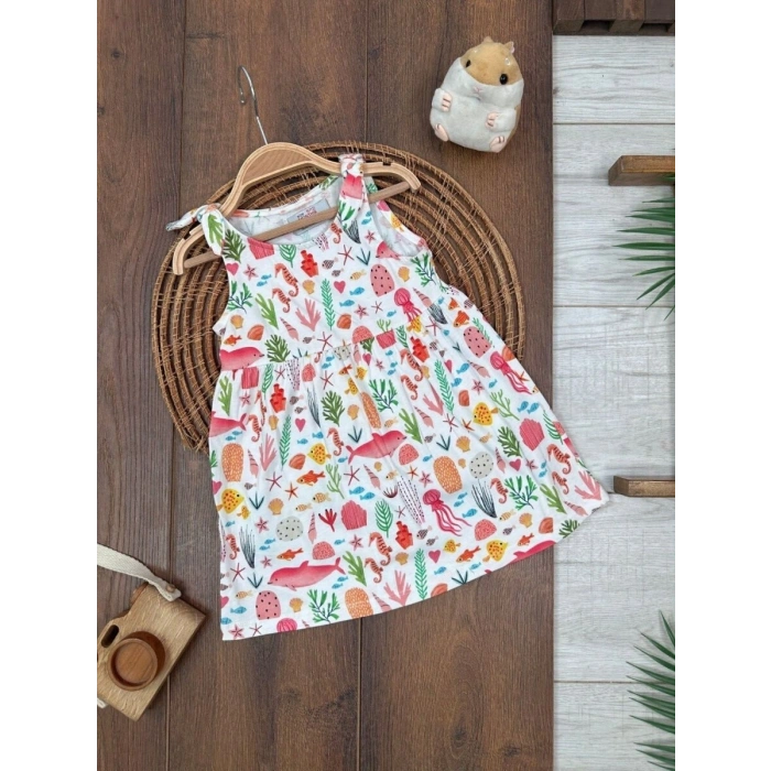 Yazlık Pamuklu Deniz Temalı Kolsuz Kız Çocuk Elbise