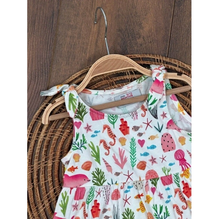 Yazlık Pamuklu Deniz Temalı Kolsuz Kız Çocuk Elbise