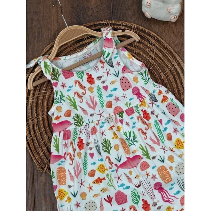 Yazlık Pamuklu Deniz Temalı Kolsuz Kız Çocuk Elbise