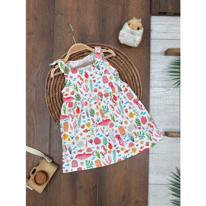 Yazlık Pamuklu Deniz Temalı Kolsuz Kız Çocuk Elbise