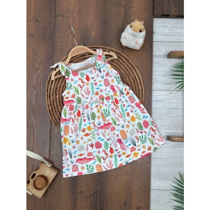 Yazlık Pamuklu Deniz Temalı Kolsuz Kız Çocuk Elbise