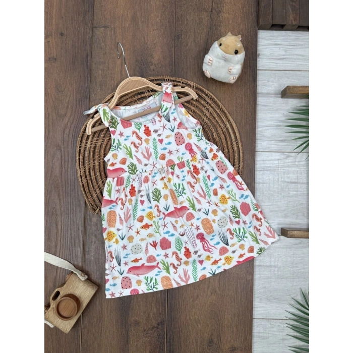 Yazlık Pamuklu Deniz Temalı Kolsuz Kız Çocuk Elbise