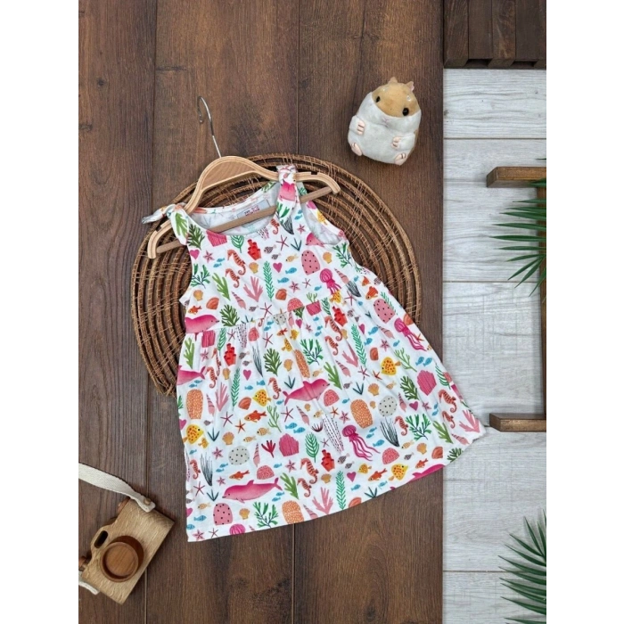 Yazlık Pamuklu Deniz Temalı Kolsuz Kız Çocuk Elbise
