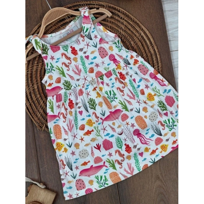 Yazlık Pamuklu Deniz Temalı Kolsuz Kız Çocuk Elbise