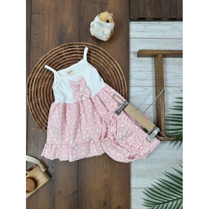 Yazlık Pamuklu Kalpli Askılı Kız Bebek 2li Takım