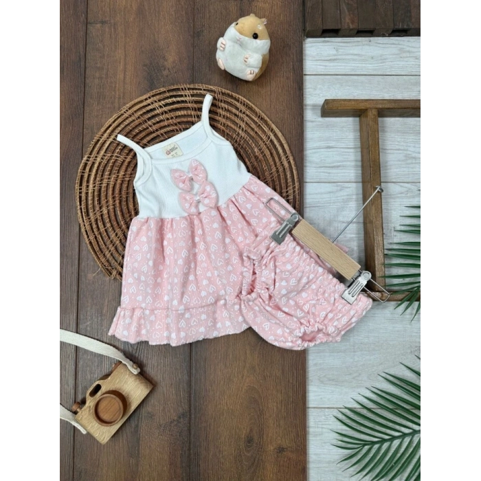 Yazlık Pamuklu Kalpli Askılı Kız Bebek 2li Takım
