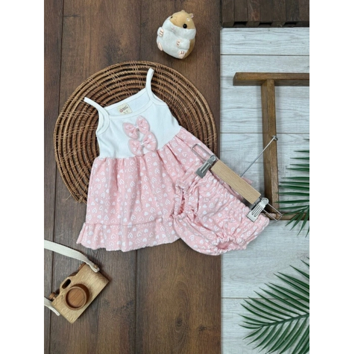 Yazlık Pamuklu Kalpli Askılı Kız Bebek 2li Takım