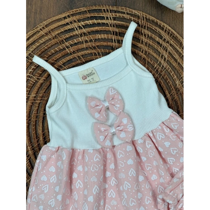 Yazlık Pamuklu Kalpli Askılı Kız Bebek 2li Takım