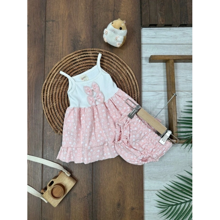 Yazlık Pamuklu Kalpli Askılı Kız Bebek 2li Takım