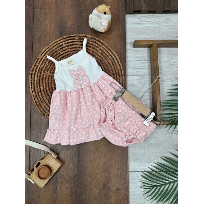 Yazlık Pamuklu Kalpli Askılı Kız Bebek 2li Takım