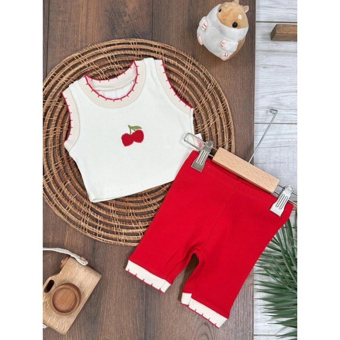 Yazlık Pamuklu Kiraz Nakışlı Kolsuz Kız Bebek 2li Takım