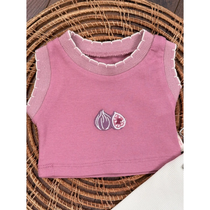 Yazlık Pamuklu Nakışlı Kolsuz Kız Bebek 2li Takım