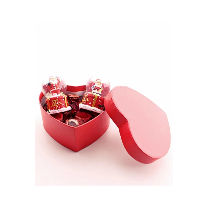 Yeni Yıl  Kalp Kutu İçinde 2 Adet Led Işıklı Mini Boy Noel Baba Kar Küresi 6,5 cm