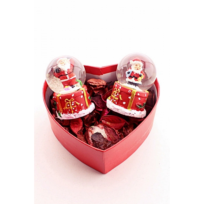 Yeni Yıl  Kalp Kutu İçinde 2 Adet Led Işıklı Mini Boy Noel Baba Kar Küresi 6,5 cm
