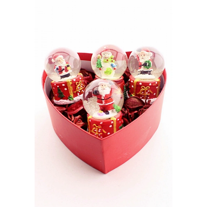 Yeni Yıl  Özel Kalp Kutu İçinde 4 Adet Mini Noel Baba Kar Küresi 6,5 cm