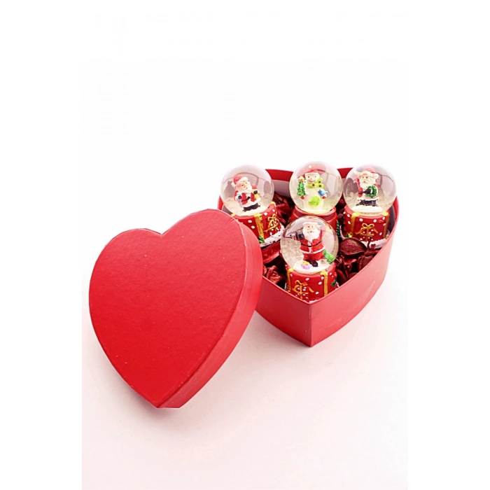 Yeni Yıl  Özel Kalp Kutu İçinde 4 Adet Mini Noel Baba Kar Küresi 6,5 cm
