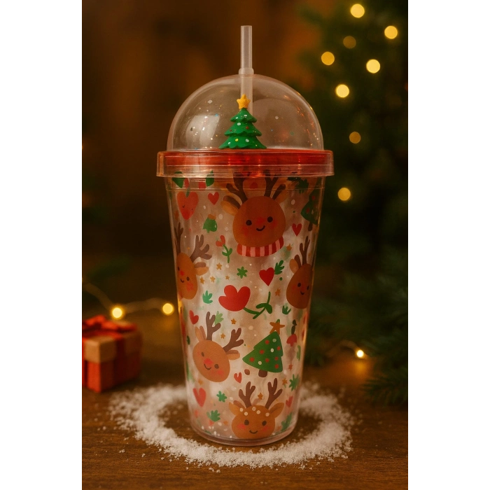 Yeni Yıl  & Noel Geyik Temalı Pipetli Suluk 450 ML Çift Katman Mika Su Şişesi 2768-C
