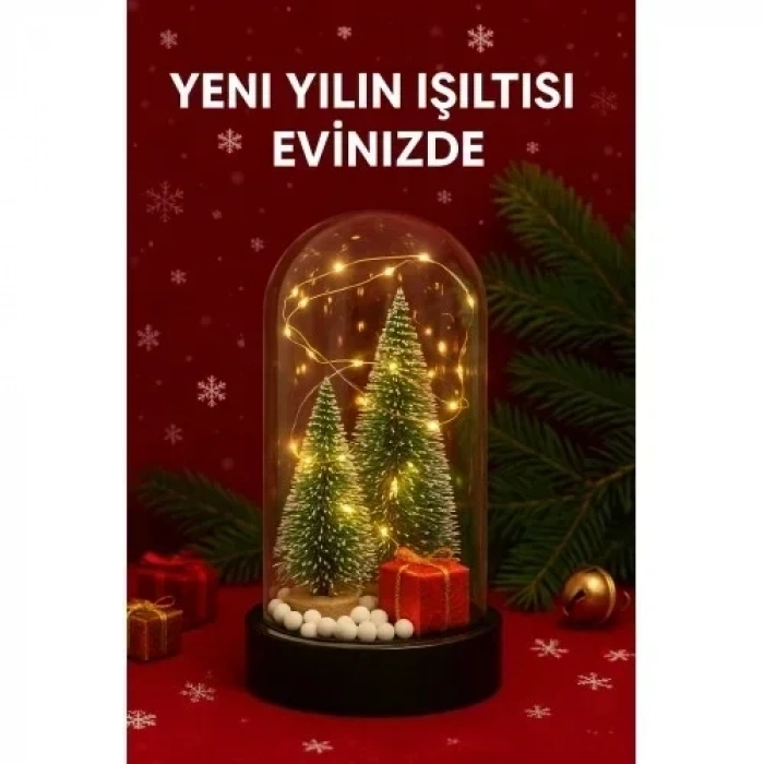 Yeni Yıl Hediye Led Işıklı Fanus İçinde 2 Çam Ağacı ve Hediye Temalı Noel Yılbaşı Gece Lambası