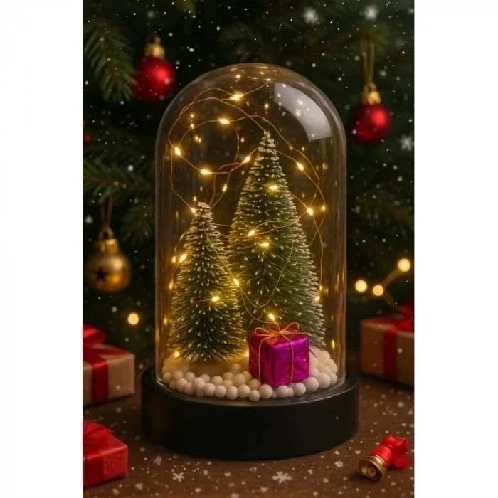 Yeni Yıl Hediye Led Işıklı Fanus İçinde 2 Çam Ağacı ve Hediye Temalı Noel Yılbaşı Gece Lambası