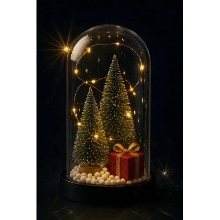 Yeni Yıl Hediye Led Işıklı Fanus İçinde 2 Çam Ağacı ve Hediye Temalı Noel Yılbaşı Gece Lambası