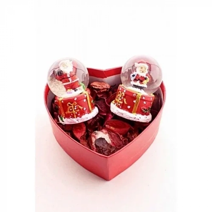 Yeni Yıl  Kalp Kutu İçinde 2 Adet Led Işıklı Mini Boy Noel Baba Kar Küresi 6,5 cm