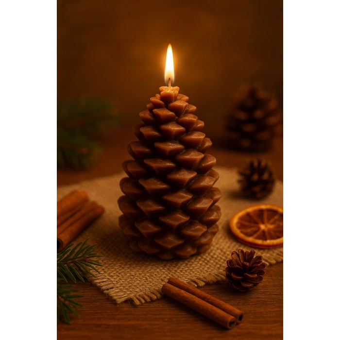 Yeni Yıl  Noel Kozalak Temalı Mum - Yılbaşı Sofra Süsü Dekorasyon El Yapımı Kozalak Mum 10 cm