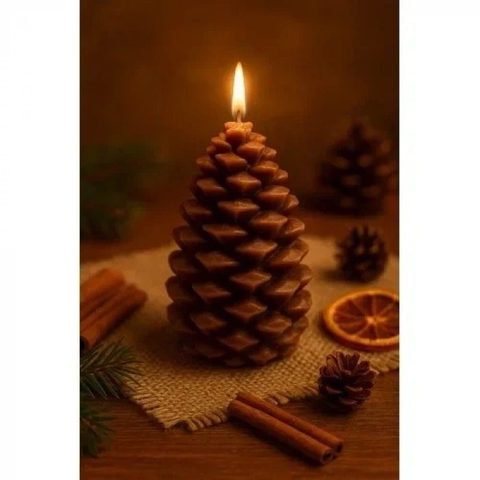 Yeni Yıl Noel Kozalak Temalı Mum - Yılbaşı Sofra Süsü Dekorasyon El Yapımı Kozalak Mum 10 cm