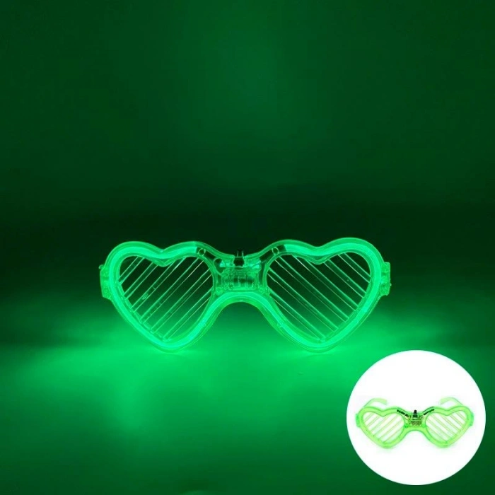 Yeşil LED Işıklı Kalp Gözlük – 3 Modlu Parti & Glow Gözlüğü