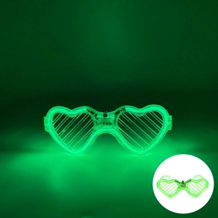Yeşil LED Işıklı Kalp Gözlük – 3 Modlu Parti & Glow Gözlüğü