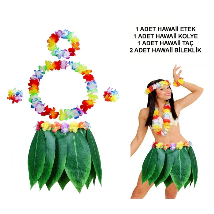 Yetişkin Hawaii Kostüm Seti - Yaprak Etek &amp;amp; Hawaii Set - 5 Parça (4887)