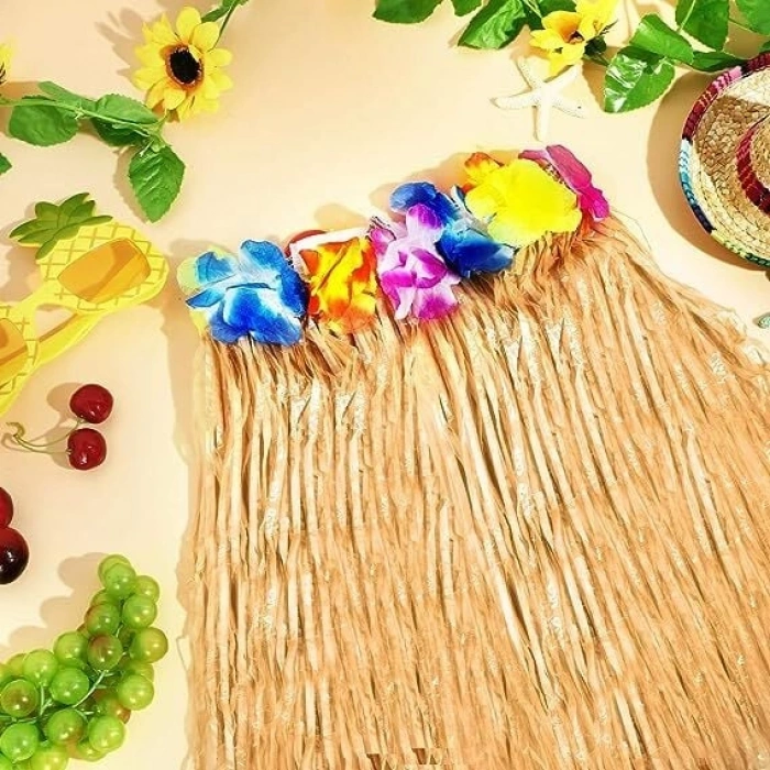 Yetişkin ve Çocuk Uyumlu Saman Renk Hawaii Luau Hula Etek 40 cm 12 Adet