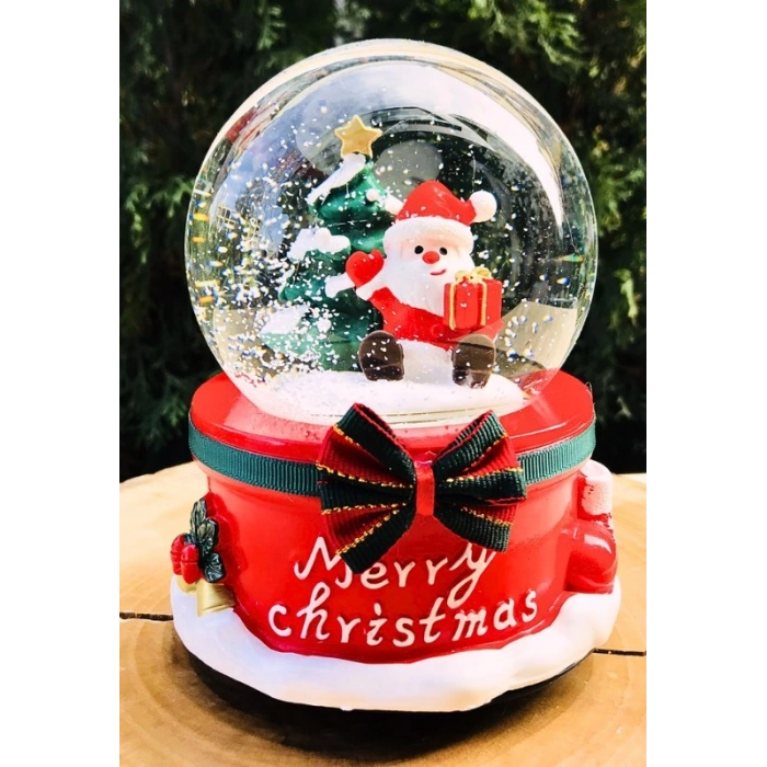Yılbaşı 2025 Noel Baba ve Çam Ağacı 13 cm Orta Boy Işıklı Müzikli Kar Küresi 20B
