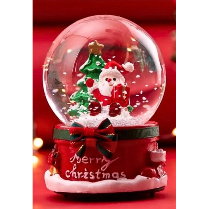Yılbaşı 2025 Noel Baba ve Çam Ağacı 13 cm Orta Boy Işıklı Müzikli Kar Küresi 20B