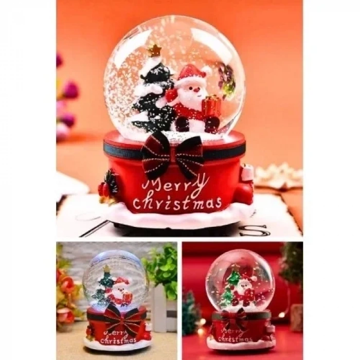 Yılbaşı  Noel Baba ve Çam Ağacı 13 cm Orta Boy Işıklı Müzikli Kar Küresi 20B