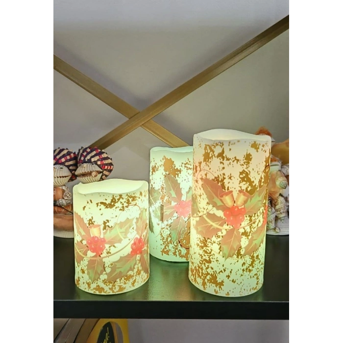 Yılbaşı Noel Temalı 3 lü Set Led Gerçek Mum Kumandalı 9 Renk Yanabilme  ve Animasyonlu Büyük Boy