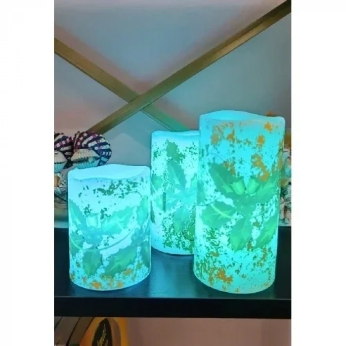 Yılbaşı Noel Temalı 3 lü Set Led Gerçek Mum Kumandalı 9 Renk Yanabilme ve Animasyonlu Büyük Boy