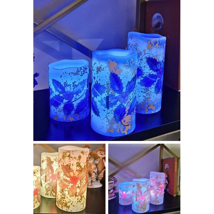 Yılbaşı Noel Temalı 3 lü Set Led Gerçek Mum Kumandalı 9 Renk Yanabilme  ve Animasyonlu Büyük Boy