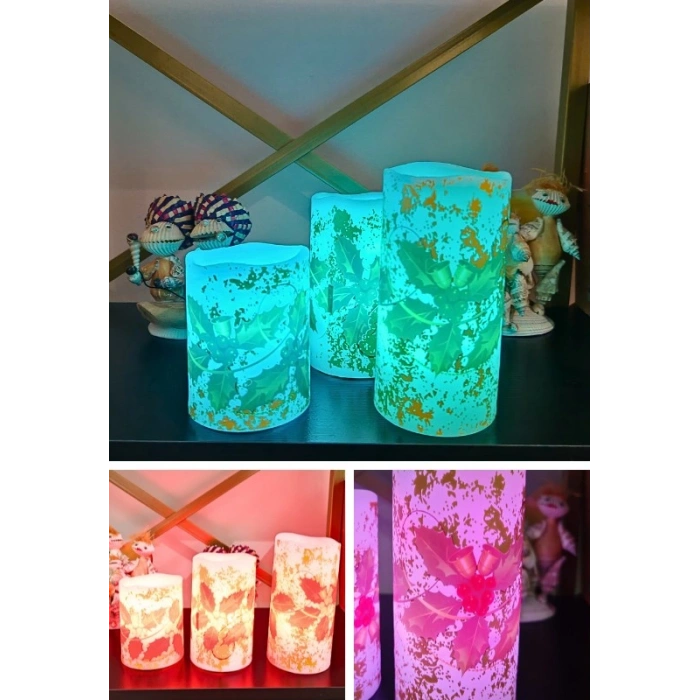 Yılbaşı Noel Temalı 3 lü Set Led Gerçek Mum Kumandalı 9 Renk Yanabilme  ve Animasyonlu Büyük Boy