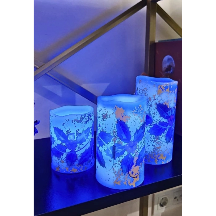Yılbaşı Noel Temalı 3 lü Set Led Gerçek Mum Kumandalı 9 Renk Yanabilme  ve Animasyonlu Büyük Boy