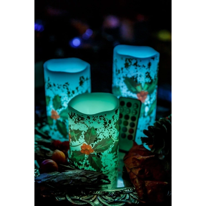 Yılbaşı Noel Temalı 3 lü Set Led Gerçek Mum Kumandalı 9 Renk Yanabilme  ve Animasyonlu Büyük Boy